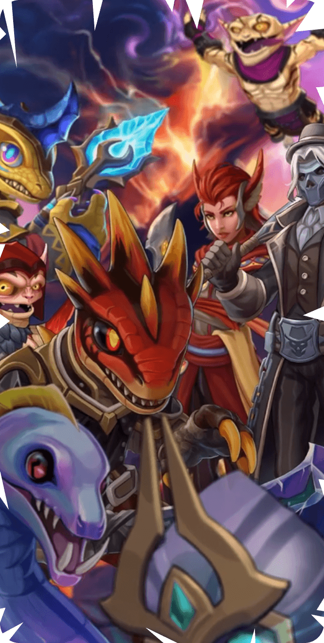 Heroic and villainous creatures posing with weapons and magic.