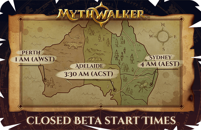 Map showing game beta launch hours in Perth, Adelaide, and Sydney.