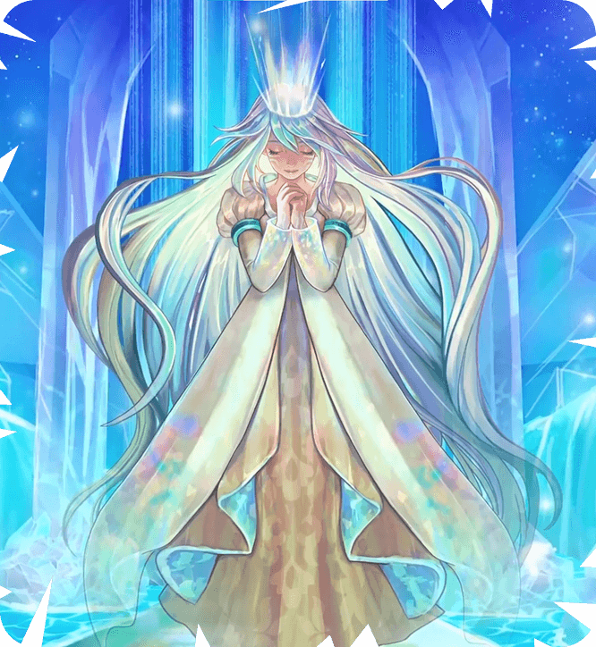 Regal magical woman surrounded by glowing blue crystals.