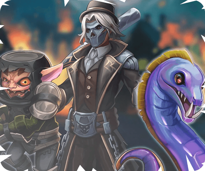Evil-looking trio with a skeleton-faced leader and magical creatures.