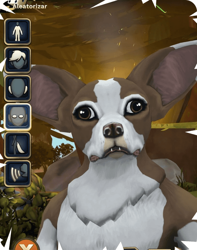 Stylized cartoon dog with wide eyes in a character customization menu.