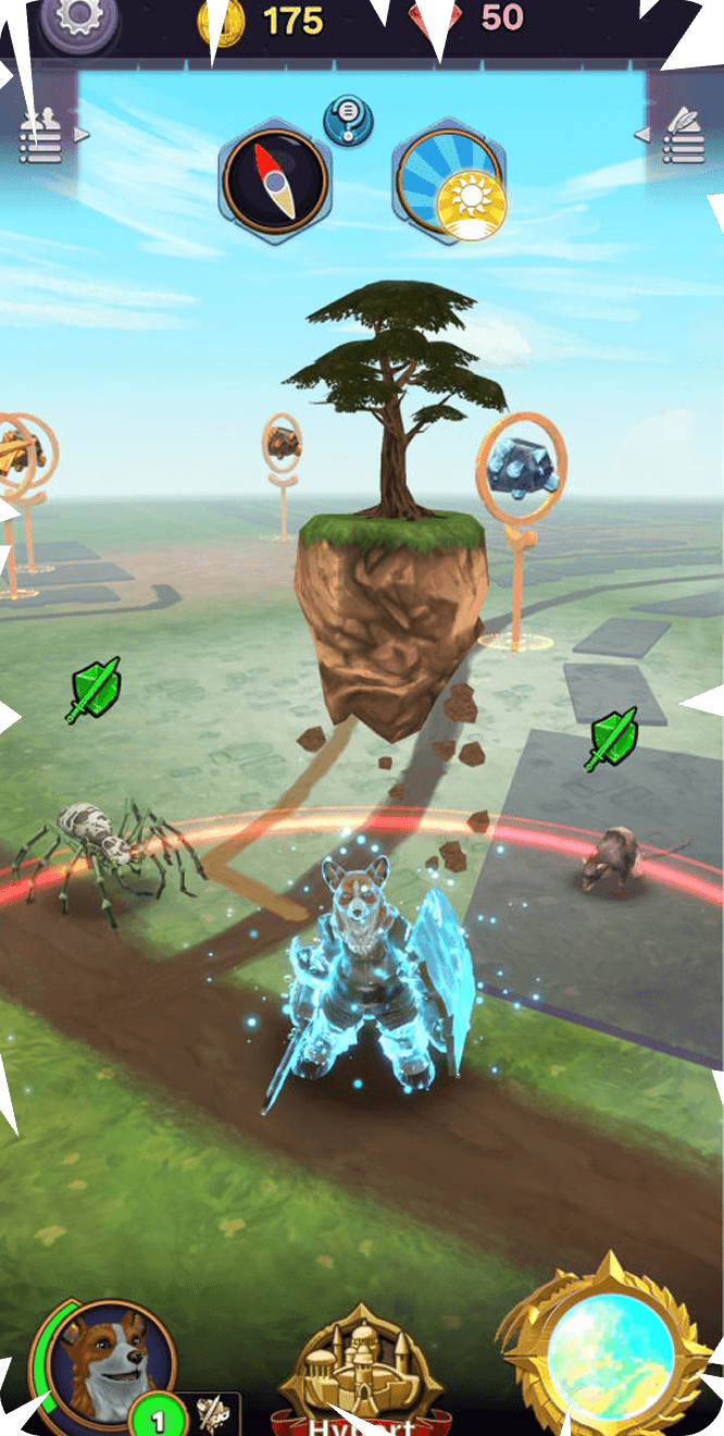 Magic-clad character exploring a map with creatures and a levitating tree.