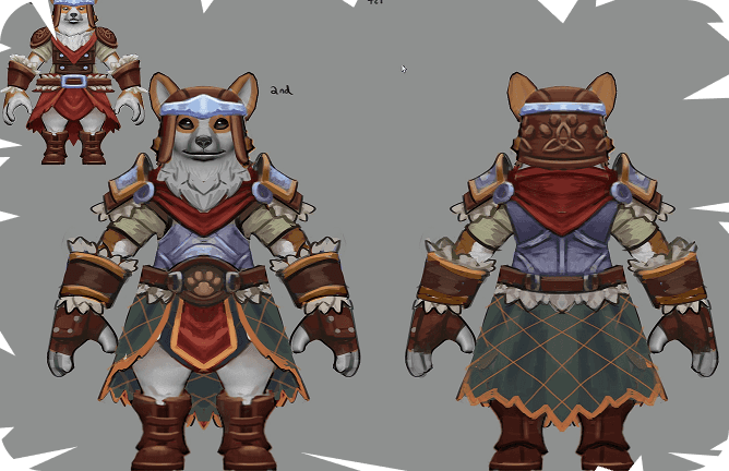 Front and back concept art of armored dog warrior character.