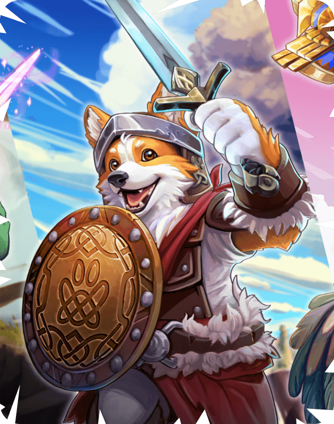 Armored canine hero smiling with raised sword under a bright sky.