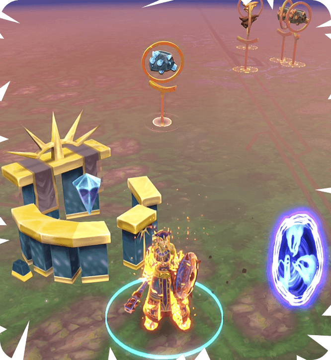 Armored hero glowing with fire stands near portal and crystal structure.