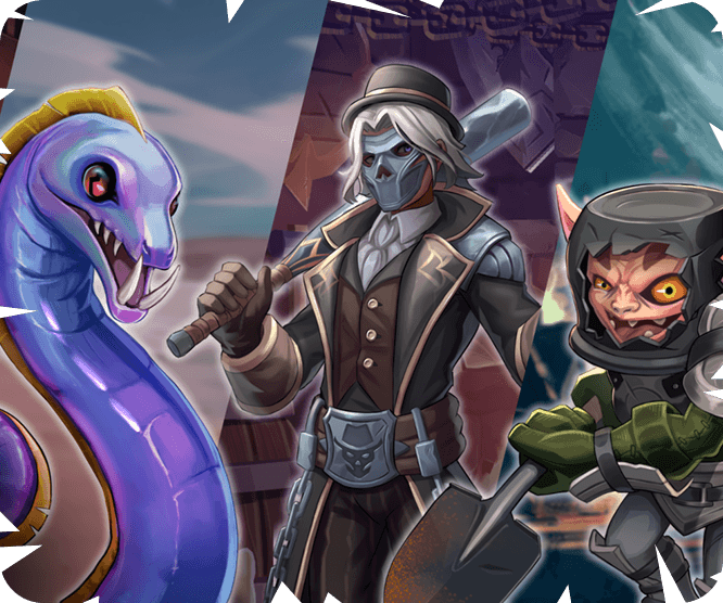 Stylized enemies including a purple snake, mysterious man, and sneaky goblin.