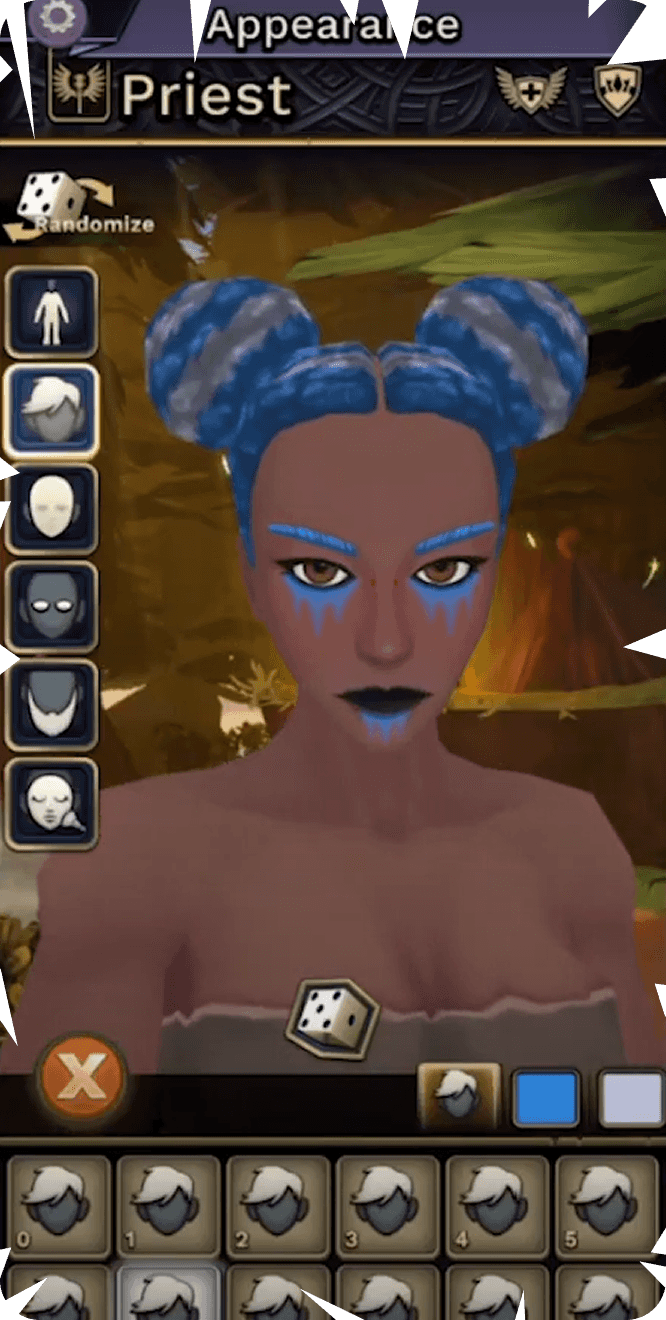 Game character creation: Priest with blue braided hair buns and face paint