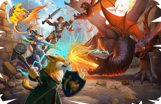 Armored fox warrior with shield and allies battling a red dragon in a ruined courtyard