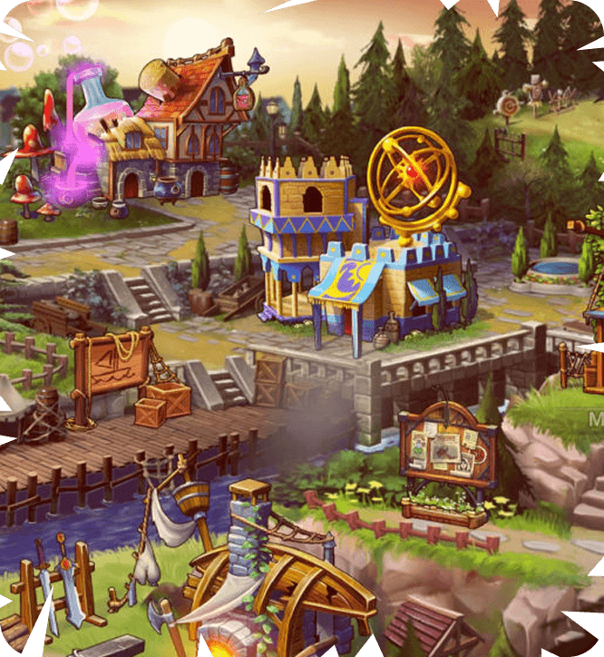 Fantasy town with magical buildings and a riverside dock.