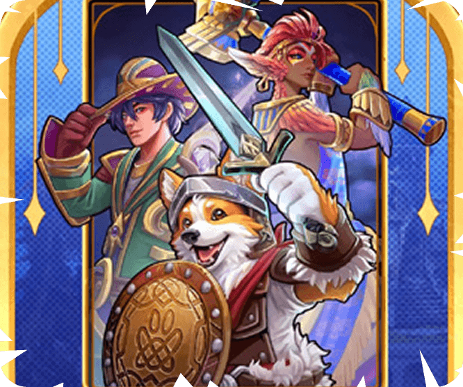 Fantasy heroes trio with dog warrior, elf archer, and human mage.